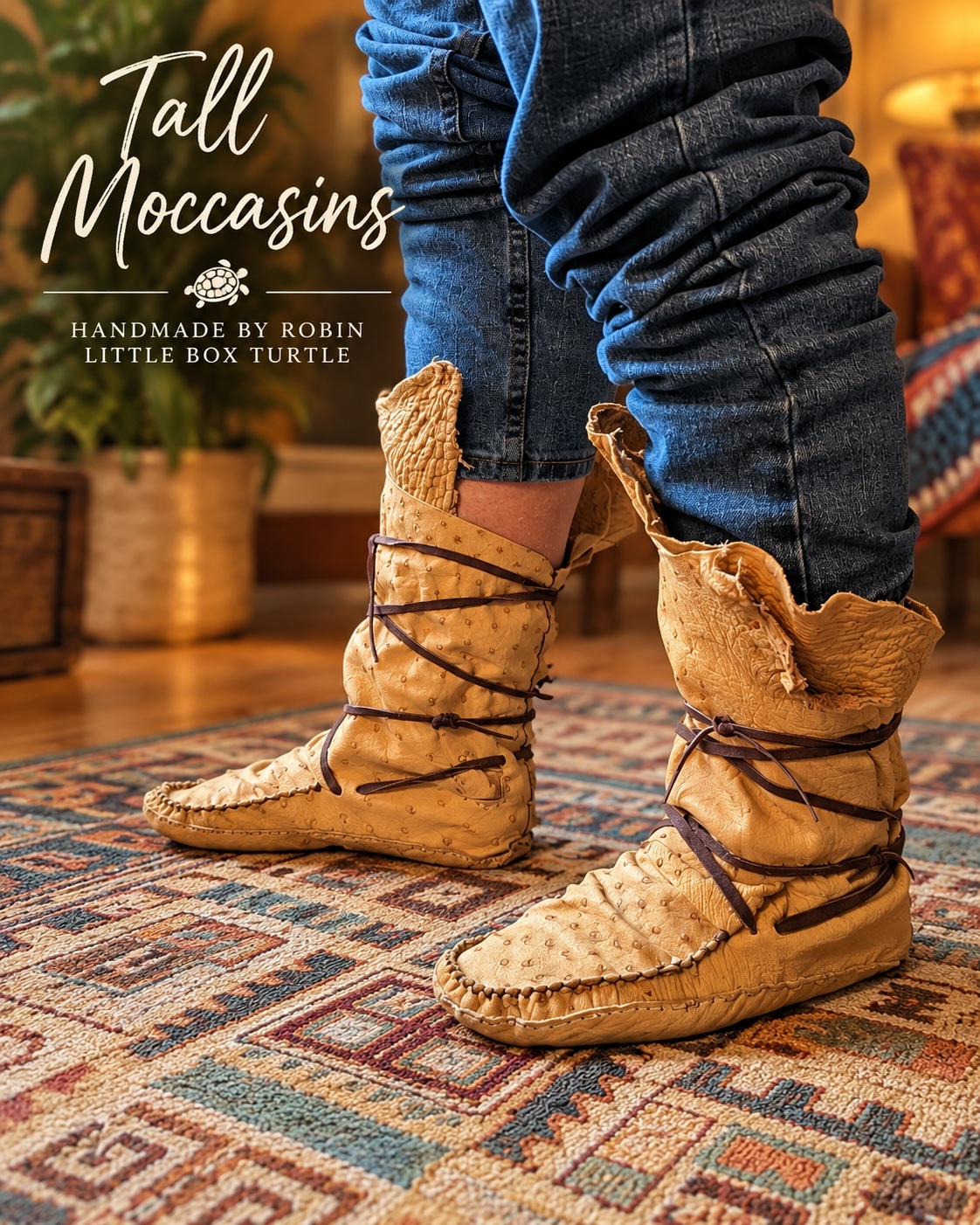 Person wearing handmade tall tan leather wrap around moccasins standing on a patterned rug