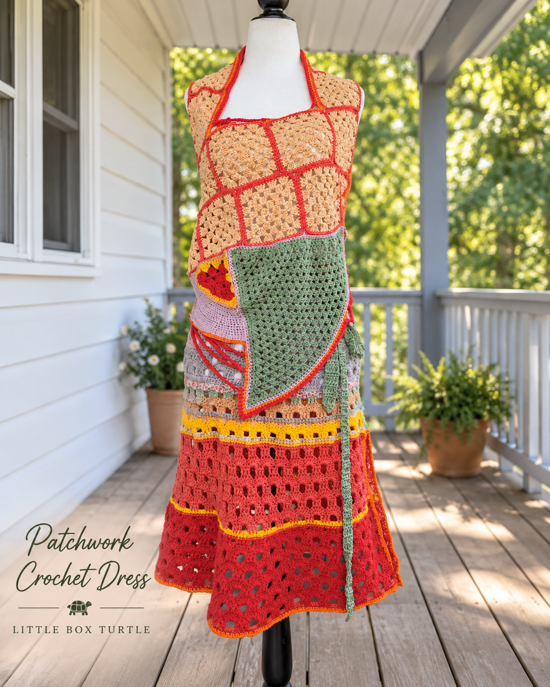Patchwork Crochet Dress — multicoloured crochet panels with red edging